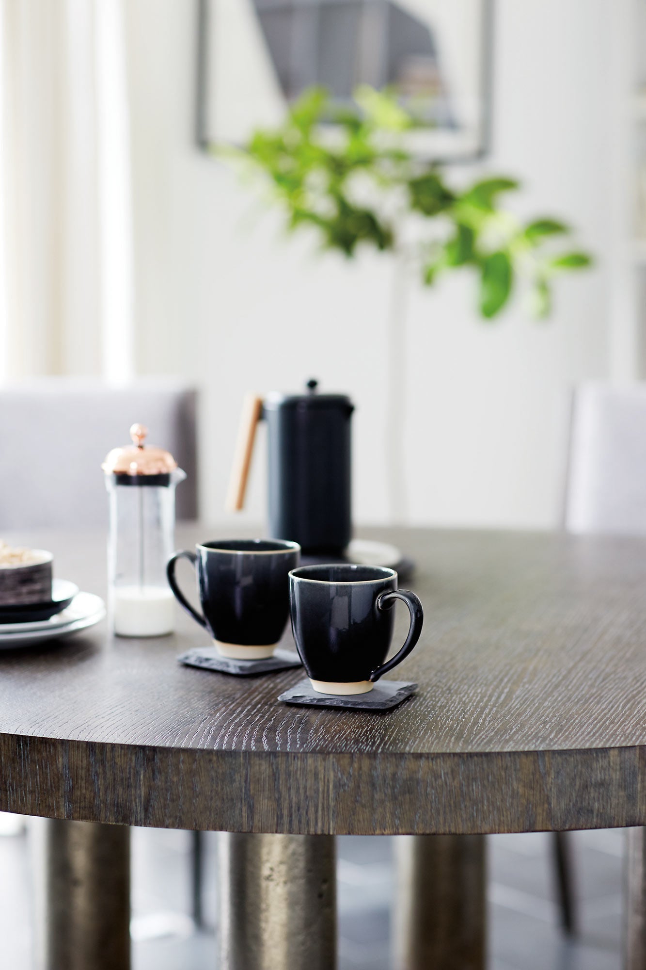 Bernhardt Linea Round Dining Table with Wooden Top and Metal Base